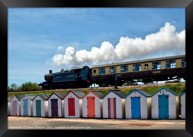Steam Train Goliath passing the beach huts at Goodrington Beach in Torbay Framed Print by Rosie Spooner