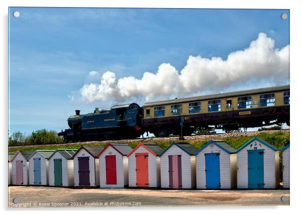Steam Train Goliath passing the beach huts at Goodrington Beach in Torbay Acrylic by Rosie Spooner