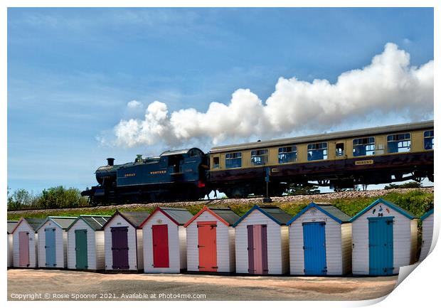 Steam Train Goliath passing the beach huts at Goodrington Beach in Torbay Print by Rosie Spooner