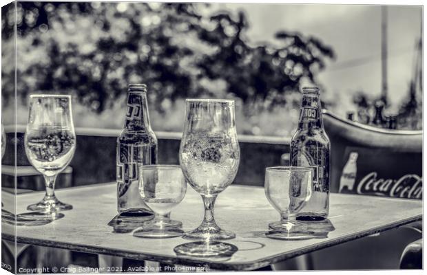 Beer bottles and glasses after an afternoon drinki Canvas Print by Craig Ballinger