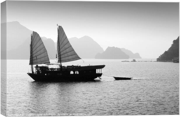 Junk in Halong Bay, Vietnam, black and white Canvas Print by Delphimages Art