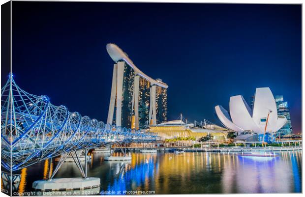 Singapore at night, Helix bridge, Marina Bay Sands Canvas Print by Delphimages Art