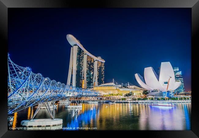 Singapore at night, Helix bridge, Marina Bay Sands Framed Print by Delphimages Art