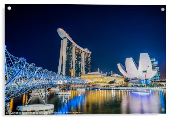 Singapore at night, Helix bridge, Marina Bay Sands Acrylic by Delphimages Art