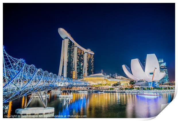 Singapore at night, Helix bridge, Marina Bay Sands Print by Delphimages Art