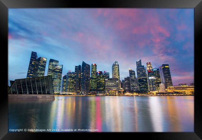 Singapore skyline view from Marina Bay at night Framed Print by Delphimages Art