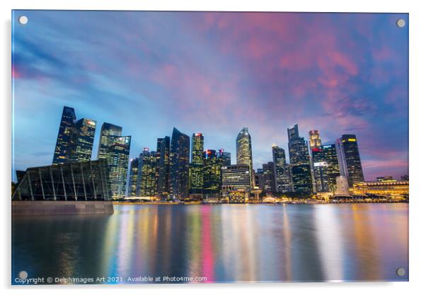 Singapore skyline view from Marina Bay at night Acrylic by Delphimages Art