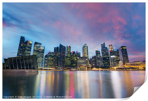 Singapore skyline view from Marina Bay at night Print by Delphimages Art