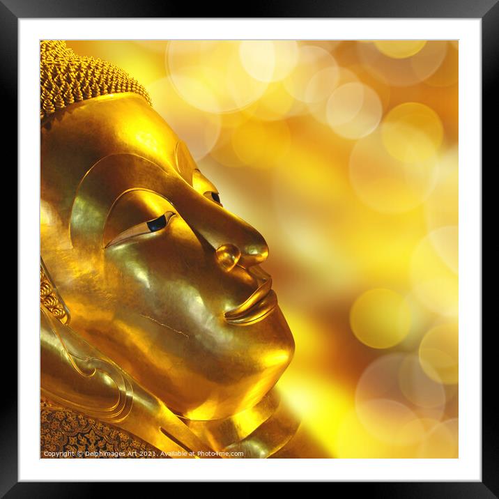 Golden Reclining Buddha head, Bangkok, Thailand Framed Mounted Print by Delphimages Art