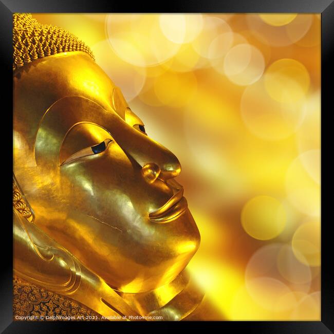 Golden Reclining Buddha head, Bangkok, Thailand Framed Print by Delphimages Art