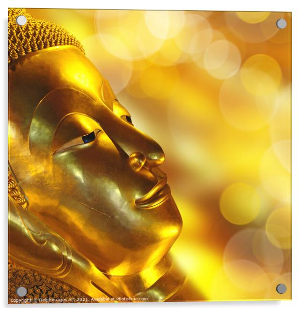 Golden Reclining Buddha head, Bangkok, Thailand Acrylic by Delphimages Art