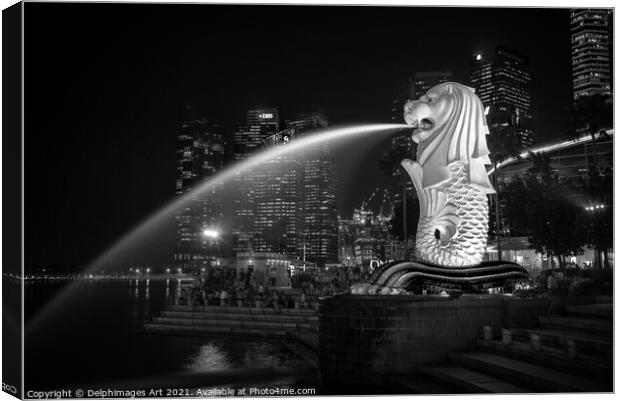 Singapore Merlion fountain, black and white Canvas Print by Delphimages Art