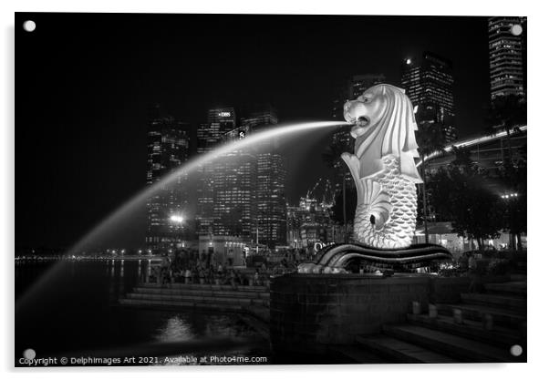 Singapore Merlion fountain, black and white Acrylic by Delphimages Art