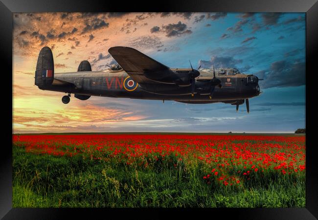 Lancaster Bomber Returning at Sunset Framed Print by Derek Beattie