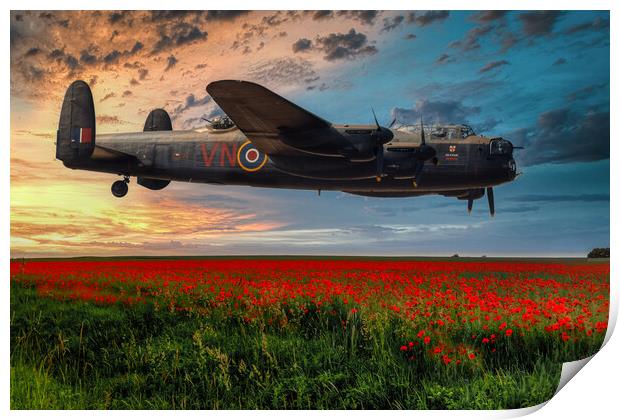 Lancaster Bomber Returning at Sunset Print by Derek Beattie