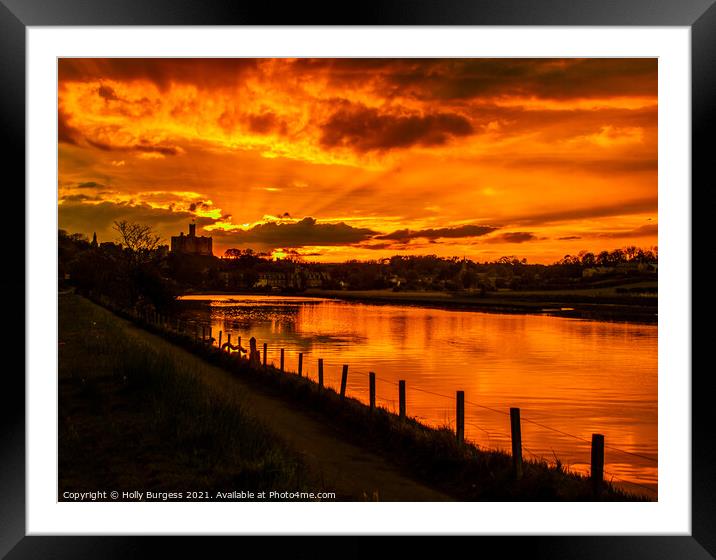 Warkworth Castle at Sunset on the river Wansbeck,  Framed Mounted Print by Holly Burgess