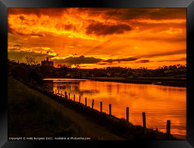 Warkworth Castle at Sunset on the river Wansbeck,  Framed Print by Holly Burgess