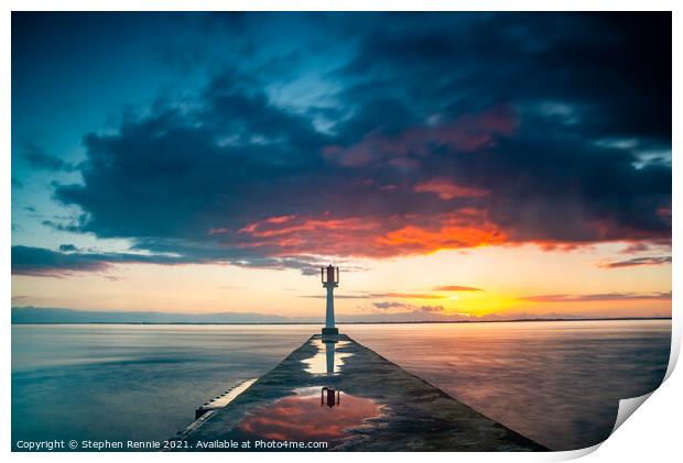 Light beacon and pier on Gironde estuary at sunset Print by Stephen Rennie