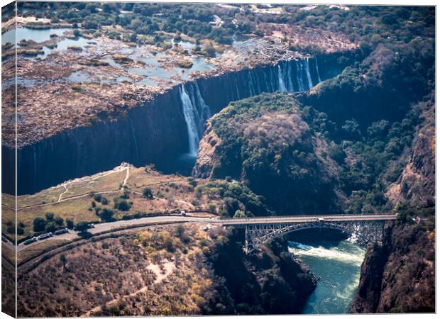 Victoria Falls Aerial with Bridge over the Zambezi River Canvas Print by Dietmar Rauscher