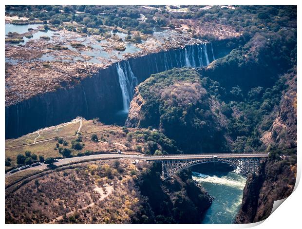 Victoria Falls Aerial with Bridge over the Zambezi River Print by Dietmar Rauscher