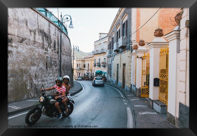 Via Roma Street in Massa Lubrense with Motorcycle Framed Print by Dietmar Rauscher