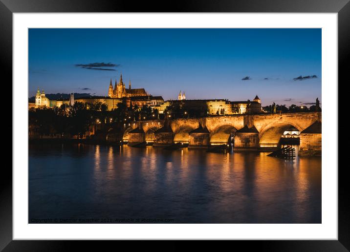 Charles Bridge in Prague at Night and  St Vitus Cathedral  Framed Mounted Print by Dietmar Rauscher