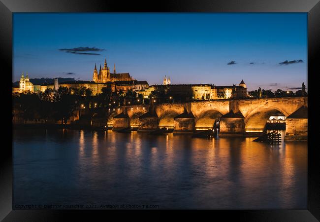 Charles Bridge in Prague at Night and  St Vitus Cathedral  Framed Print by Dietmar Rauscher