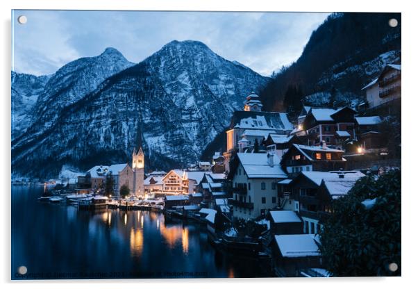 Hallstatt Cityscape on a Winter Evening Covered with Snow Acrylic by Dietmar Rauscher