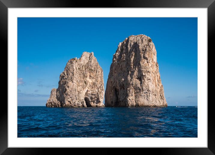 Capri Faraglioni Rocks Mezzo and Scopolo or Fuori in Italy Framed Mounted Print by Dietmar Rauscher