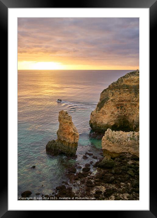 Ponta da Piedade and a boat in Lagos at sunrise, in Portugal Framed Mounted Print by Luis Pina