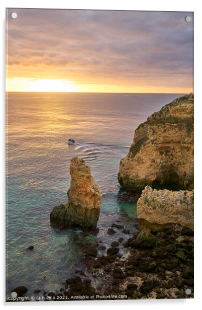 Ponta da Piedade and a boat in Lagos at sunrise, in Portugal Acrylic by Luis Pina