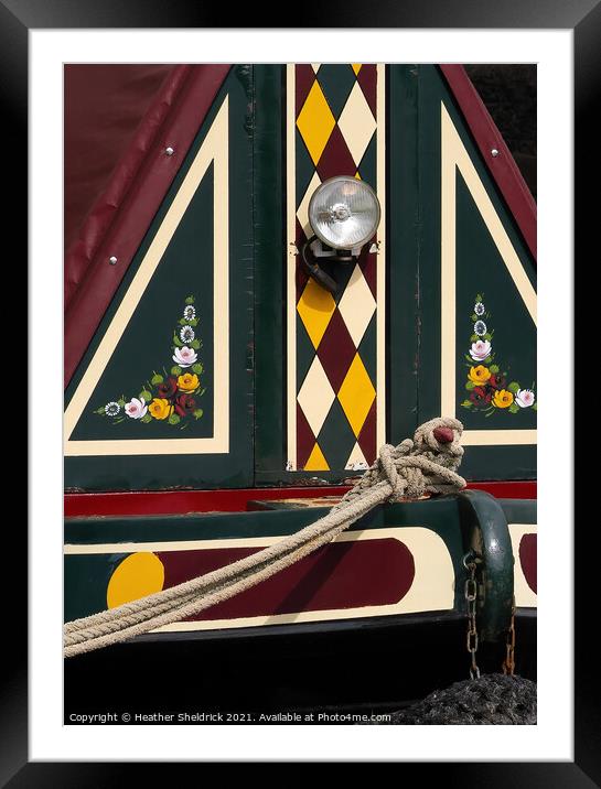Narrowboat bow with folk art Framed Mounted Print by Heather Sheldrick