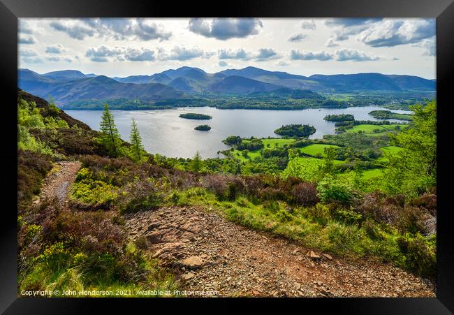 Derwentwater from the path on Walla crag  Framed Print by John Henderson