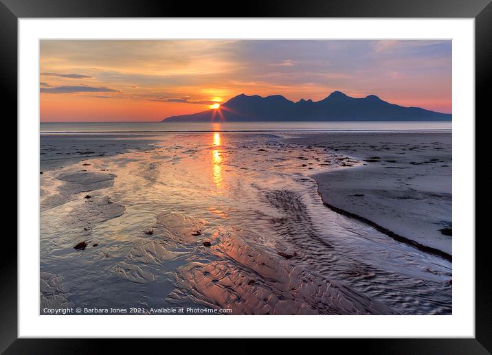 Sunset over Rum, Laig Beach Isle of  Eigg Scotland Framed Mounted Print by Barbara Jones