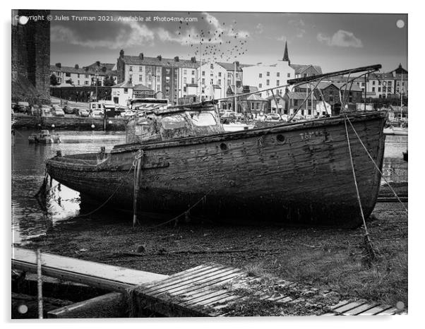 Wrecked old boat opposite Caernarfon Castle Acrylic by Jules D Truman