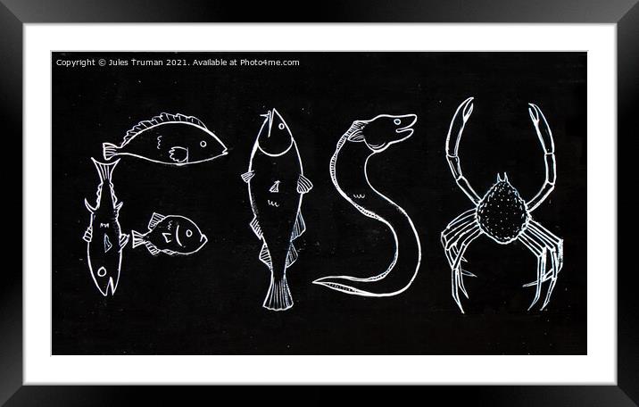 Fish in chalk on a black board - sign Framed Mounted Print by Jules D Truman