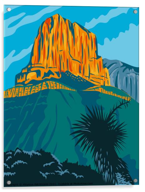 Guadalupe Mountains National Park with El Capitan Peak Texas United States WPA Poster Art Color Acrylic by Aloysius Patrimonio