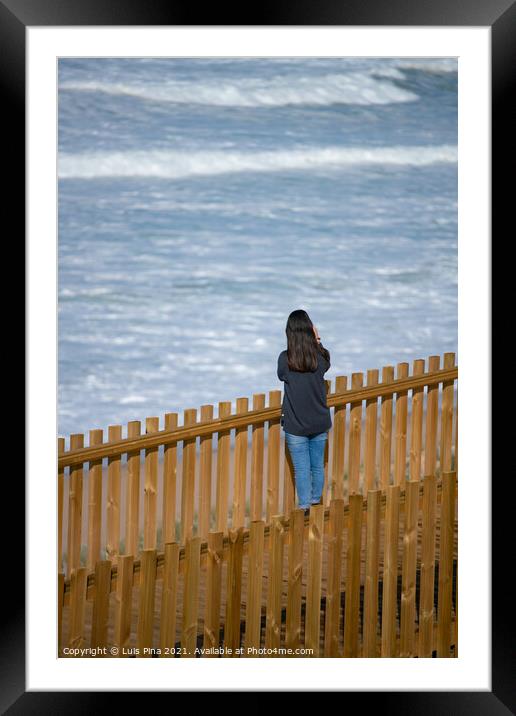 Woman traveler at Praia Azul beach in Torres Vedras, Portugal Framed Mounted Print by Luis Pina