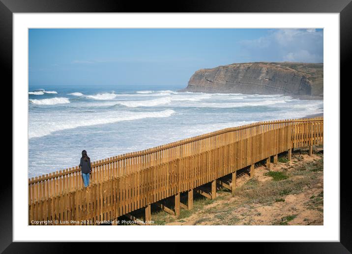 Woman traveler at Praia Azul beach in Torres Vedras, Portugal Framed Mounted Print by Luis Pina