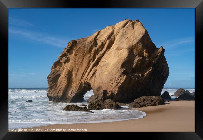Praia de Santa Cruz beach rock boulder, in Torres Vedras, Portugal Framed Print by Luis Pina