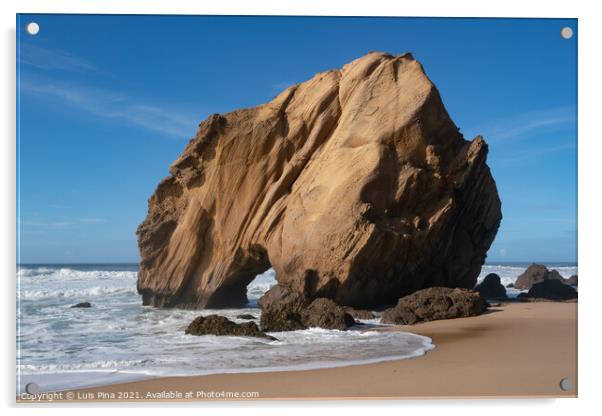 Praia de Santa Cruz beach rock boulder, in Torres Vedras, Portugal Acrylic by Luis Pina