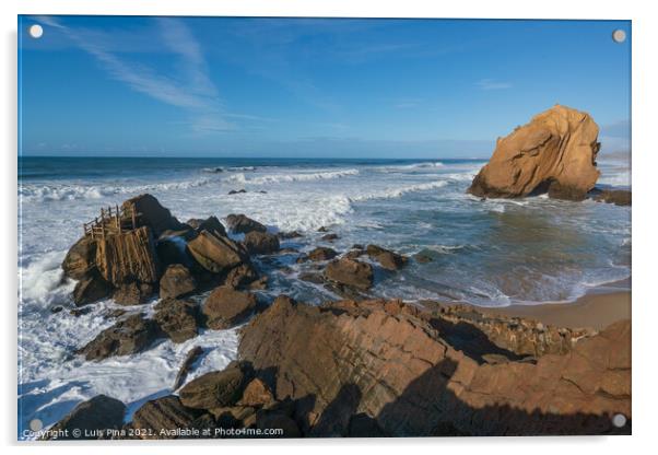Praia de Santa Cruz beach rock boulder, in Torres Vedras, Portugal Acrylic by Luis Pina