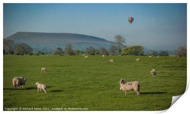 Hot Air Balloon ride over Pendle Hill Print by Richard Perks
