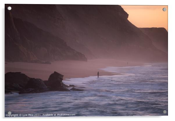 Fishermen in Santa Cruz beach at sunset, in Portugal Acrylic by Luis Pina