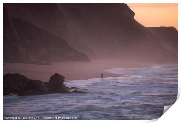 Fishermen in Santa Cruz beach at sunset, in Portugal Print by Luis Pina