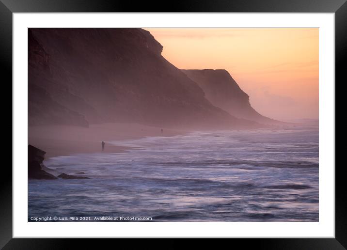 Fishermen in Santa Cruz beach at sunset, in Portugal Framed Mounted Print by Luis Pina