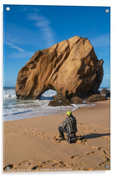 Fisherman in Praia de Santa Cruz beach rock boulder, Portugal Acrylic by Luis Pina