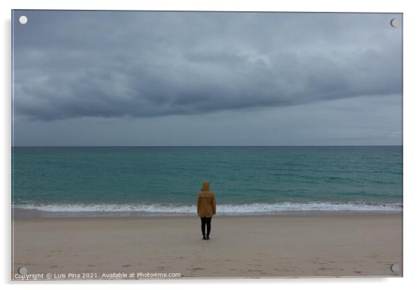 Woman girl with yellow jacket on an empty beach with stormy weather and turquoise water Acrylic by Luis Pina