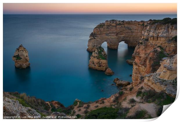 Natural arch cliffs of Praia da Marinha beach at sunset beautiful landscape with atlantic ocean, in Lagoa Portugal Print by Luis Pina