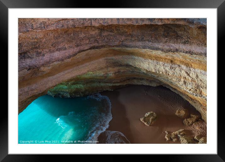 Benagil wild hidden secret cave beach top view above with turquoise paradise water in Carvoeiro, Portugal Framed Mounted Print by Luis Pina